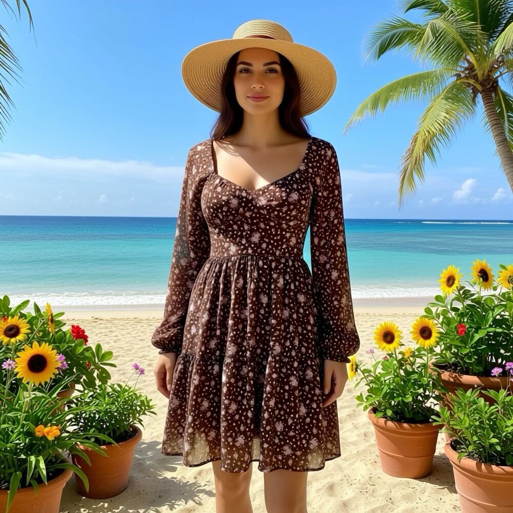 Women M Floral Cottagecore Peasant Smocked Mini Dress Tiered Boho Hippie Coastal